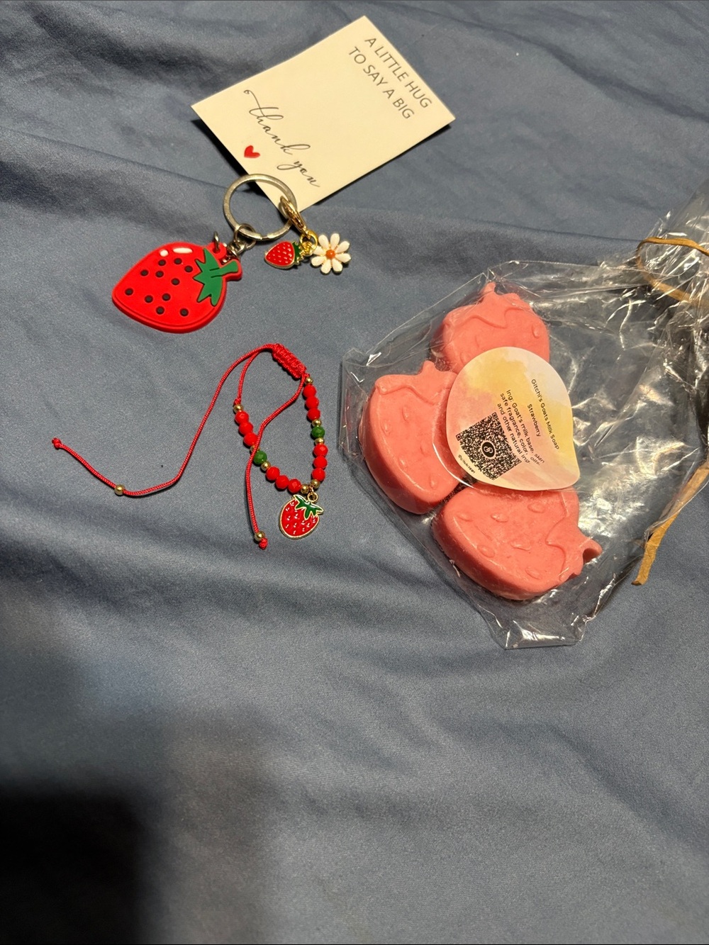 Strawberry Keychain Charm with bracelet and 3 strawberry mini goat milk soaps - Picture 6 of 17
